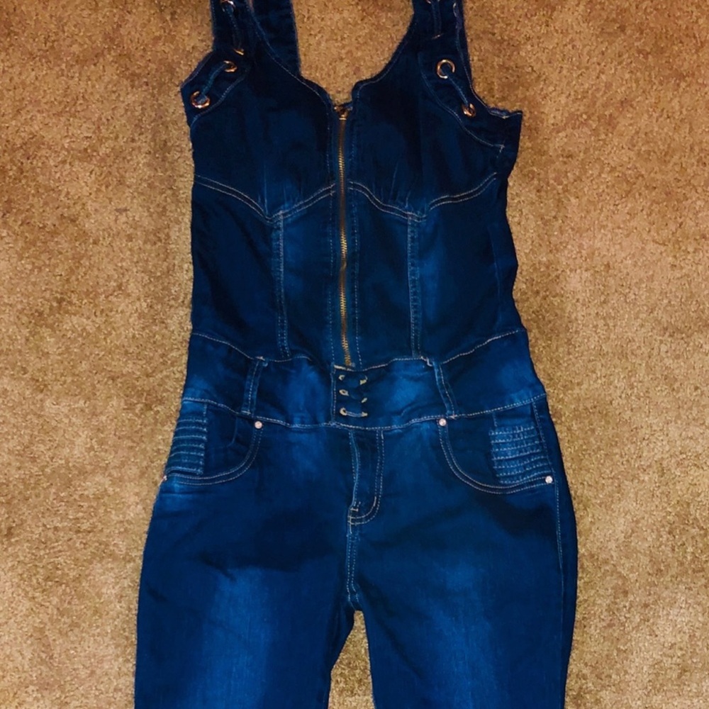Skinny jeans denim jumpsuit size L fits medium